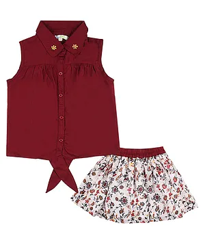 ShopperTree Sleeveless Floral Embroidered & Printed Top & Skirt - Maroon Off White