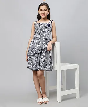 Bolly Lounge Sleeveless Distint Dots Printed Flower Applique Dress - Navy Blue