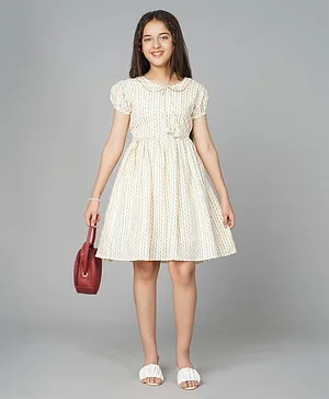 Bolly Lounge Puffed Sleeves Peter Pan Collar Striped Dress - Cream