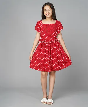 Bolly Lounge Frilled Sleeves Polka Dots Printed Dress - Red