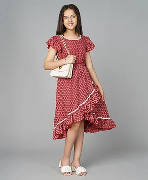 Bolly Lounge Frilled Sleeves Abstract Floral Printed Ruffled Dress - Red