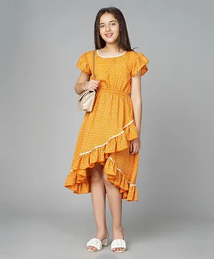 Bolly Lounge Frilled Sleeves Abstract Floral Printed Ruffled Dress - Yellow
