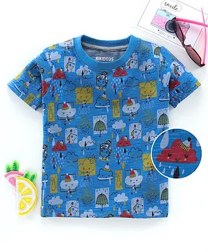 Rikidoos Half Sleeves Seamless Raindrops & Clouds Printed Tee - Blue
