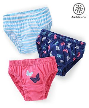 Babyhug 100% Cotton Knit Antibacterial Panties Stripes & Butterfly Print Pack of 3 - Pink & Blue