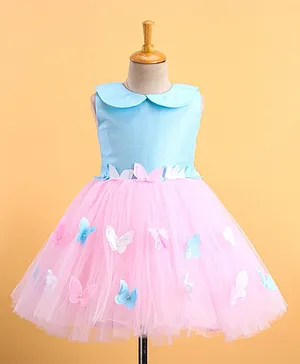 Rassha Sleeveless Self Design Colour Blocked Butterfly Appliqued Tutu Party Dress - Blue & Pink