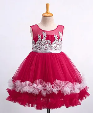 Rassha Sleeveless Floral Embroidered Bodice Ruffled Hem Party Dress - Dark Pink