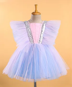 Rassha Short Frill Sleeves Sequinned Tape Detail Ruffled Net Party Dress  - Pink & Blue