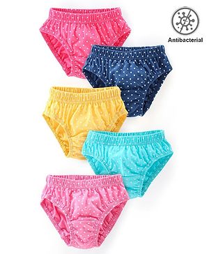 Babyhug 100% Cotton Antibacterial Panties Polka Dot Print Pack of 5 - Pink Blue & Yellow