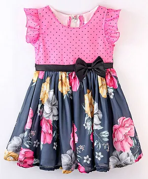Rassha Cap Sleeves SEamless FLoral & Polka Dot Yoke Printed Fit & Flare Dress - Pink & Navy Blue