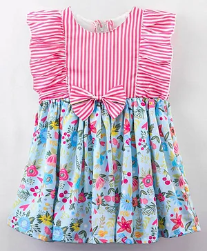 Rassha Frill Cap Sleeves Railroad Striped & Garden Flowers Printed Fit & Flare Dress - Pink & Blue