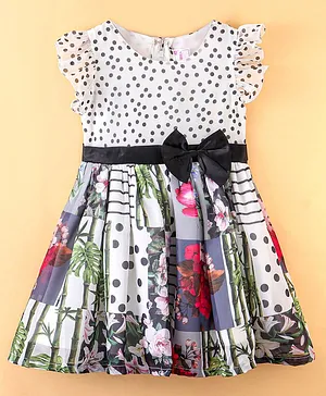 Rassha Cap Sleeves Seamless Vintage Flower & Polka Dot Yoke Printed Fit & Flare Dress - White & Black