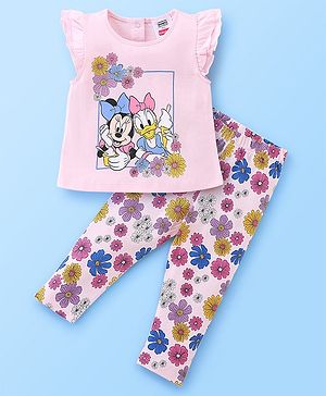 Babyhug 100% Cotton Knit Half Sleeves Top and Legging Set Minnie Mouse Print - Pink