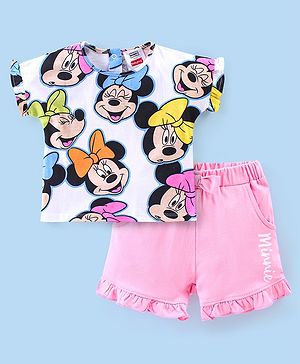 Babyhug 100% Cotton Half Sleeves Top & Shorts Set Minnie Mouse Print- Pink