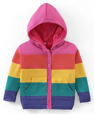 Babyhug Knit Full Sleeves Front Open Hooded Striped Sweater - Multicolour