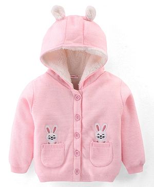 Babyhug Full Sleeves Hooded Front Open Sweater with Fur Lining and Bunny Patch & Applique - Light Pink