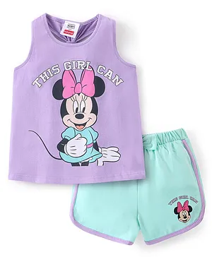 Babyhug 100% Cotton Knit Sleeveless Top & Shorts Set Minnie Mouse Print - Lilac & Mint Blue