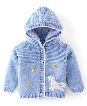 Babyhug Full Sleeves Hooded Sweater Unicorn Design - Blue
