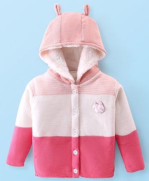 Babyhug Knitted Full Sleeves Front Open Hooded Sweater with Striped Design - Pink & White