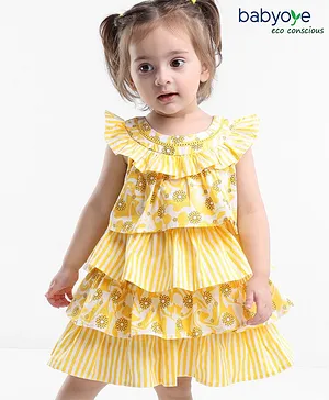 Babyoye Eco Conscious Cotton Flutter Sleeve Layered Frock With Floral Print - Yellow