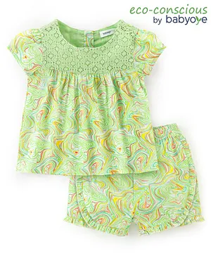 Babyoye Eco-Conscious Cotton Woven Sleeveless Crinkle Gauze Printed Top and Shorts Set - Green