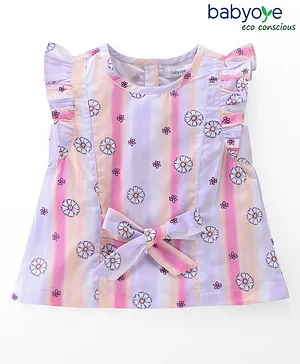 Babyoye Eco Conscious Cotton Sleeveless Top With Attachable Sleeves Floral Print- Purple & Pink