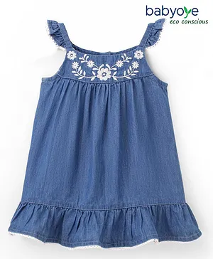 Babyoye Eco Conscious Cotton Denim Sleeveless Frock Floral Embroidery- Blue