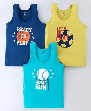 Simply Sinker Sleeveless Sets Of Vests With Text & Ball Game Print Pack Of 3 - Green & Blue