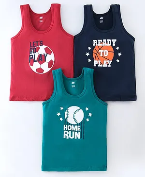 Simply Sinker Sleeveless Sets Of Vests With Text & Ball Game Print Pack Of 3 - Red Green & Blue