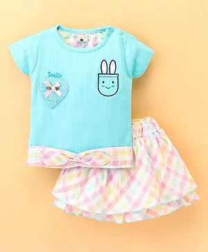 U R CUTE Half Sleeves Bunny Embroidered & Terry Heart Detailed Ribbed Top With Checkered Skirt - Sky Blue
