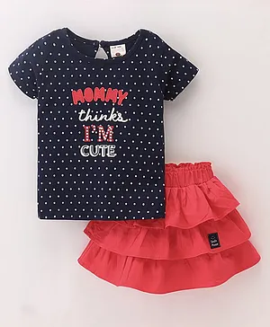 U R CUTE Half Sleeves Polka Dot Printed & Embroidered Top With :Layered Skirt - Red