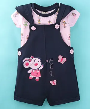 U R CUTE Short Sleeves Mice Printed Tee With Embroidered Dungaree - Pink Navy Blue