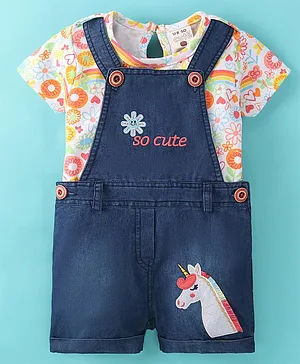 U R CUTE Short Sleeves Hearts Flower Printed Tee With Unicorn Path Embroidered Dungaree - Navy Blue Cherry Red
