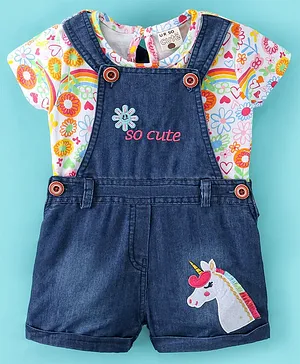 U R CUTE Short Sleeves Hearts Flower Printed Tee With Unicorn Path Embroidered Dungaree - Navy Blue Pink