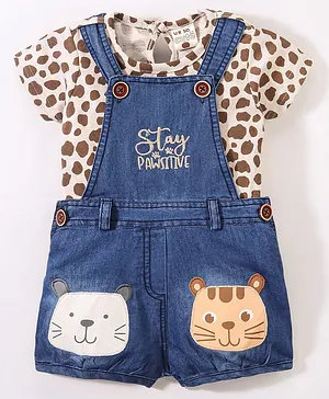 U R CUTE Short Sleeves Animal Skin Printed Tee With Animal Patch Embroidered Dungaree - Beige