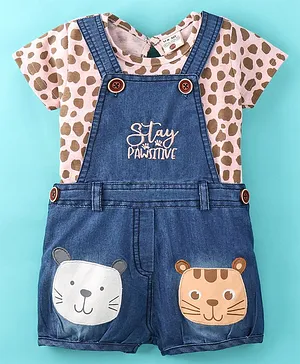 U R CUTE Short Sleeves Animal Skin Printed Tee With Animal Patch Embroidered Dungaree - Peach
