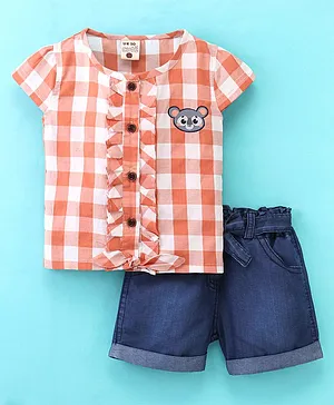 U R CUTE Short Sleeves Checkered & Frill Detailed Top With Solid Front Tie Up Shorts - Peach