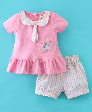 U R CUTE Half Sleeves Bunny Embroidered Top With Checkered Shorts - Pink
