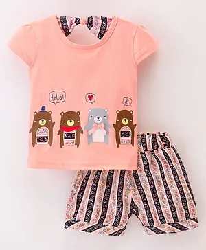 U R CUTE Cap Sleeves Bear Printed Top With Striped Shorts - Peach
