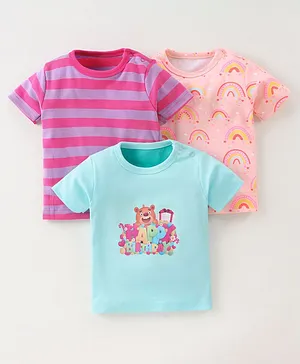 Kidi Wav Pack Of 3 Half Sleeves Striped Animals Printed Tees - Pink Peach Blue