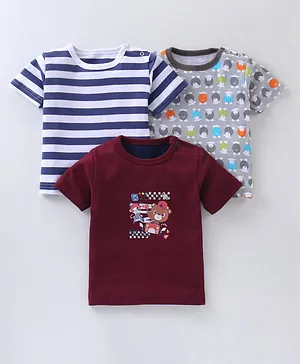 Kidi Wav Pack Of 3 Half Sleeves Sheep Teddy Bear Printed & Striped Tees  - Multi Colour