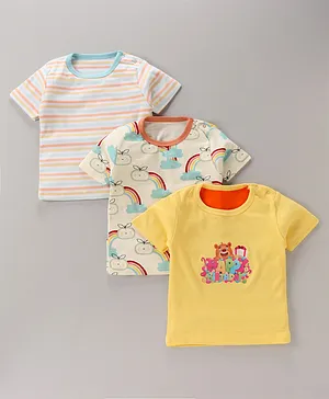 Kidi Wav Pack Of 3 Half Sleeves Sheep Floral Rainbow Printed & Striped Tees - Multi Colour