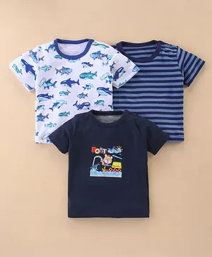 Kidi Wav Pack Of 3 Half Sleeves Aquatic Sea Life Theme & Teddy Bear Printed Striped Tees - Multi Colour