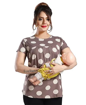 Fabme Half Sleeves Big Polka Dots Printed Maternity Top - Chocolate Brown