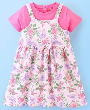 Babyhug 100% Cotton Knit Frock & Half Sleeves Inner Tee With Floral Print - Pink