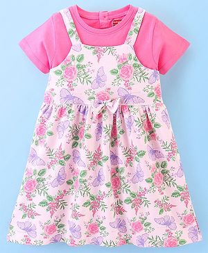 Babyhug 100% Cotton Knit Frock & Half Sleeves Inner Tee With Floral Print - Pink