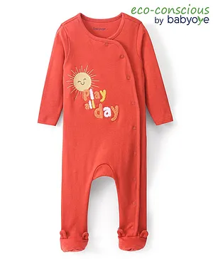 Babyoye 100% Cotton Knit with Eco Jiva Finish Full Sleeves Footed Sleep Suit Sun Embroidery - Brown
