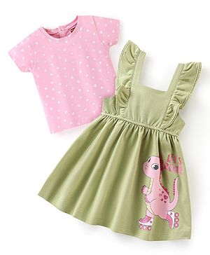 Babyhug 100% Cotton Knit Dino Print Frock with Half Sleeves T-Shirt Heart Print - Pink & Green