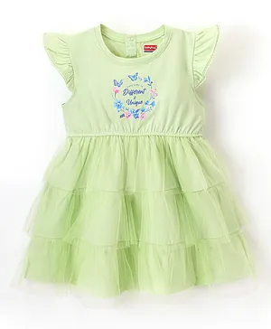 Babyhug 100% Cotton Knit Frill Sleeves Frock With Mesh Detailing Floral Print- Green