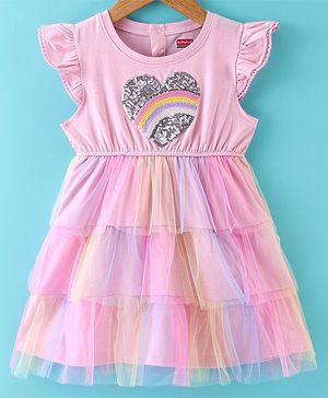 Babyhug 100% Cotton Knit Frill Sleeves Frock with Mesh & Sequins Detailing - Pink