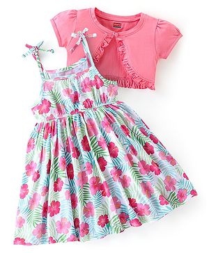 Babyhug 100% Cotton Knit Singlet Frock with Half Sleeves Shrug Floral Print - Pink & Mint Blue